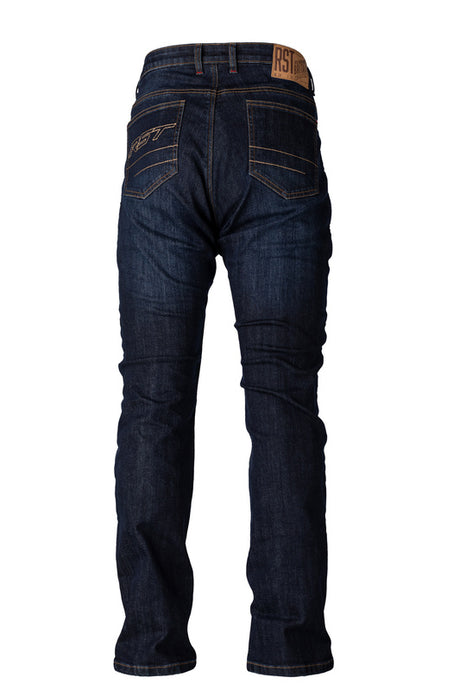 Robuste RST Motorradhose aus dunkelblauem Denim mit geradem Bein, verstärkte Textil-Jeans für Sicherheit beim Fahren.