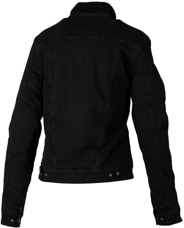 Schwarzene Damen Sherpa Denim CE Motorradjacke von RST mit klassischem Design und bequemen Textilmaterial.