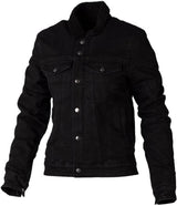 Schwarze Damen-Sherpa-Denim-Motorradjacke von RST, klassische Jacken-Design mit Textilmaterial und Sherpa-Futter.