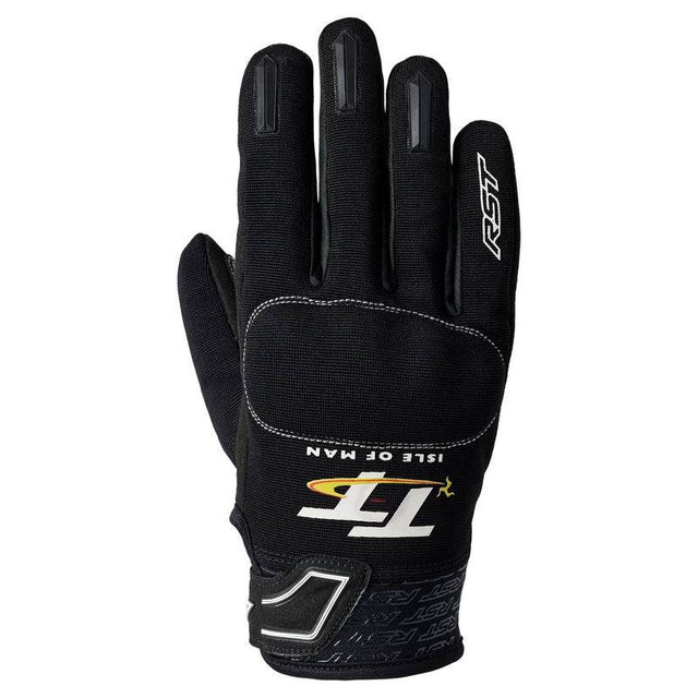 Schwarze RST Motorradhandschuhe Herren IOM TT Team CE mit Protektoren, sportliches Design, aus robustem Material.