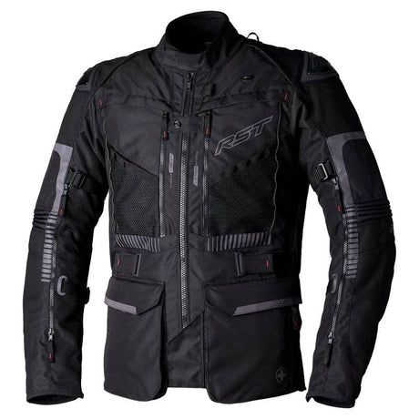 Schwarze RST Pro Series Ranger CE Textil-Motorradjacke für Herren, Adventure-Jacke mit Schutzprotektoren, sichtbarer Reißverschluss.