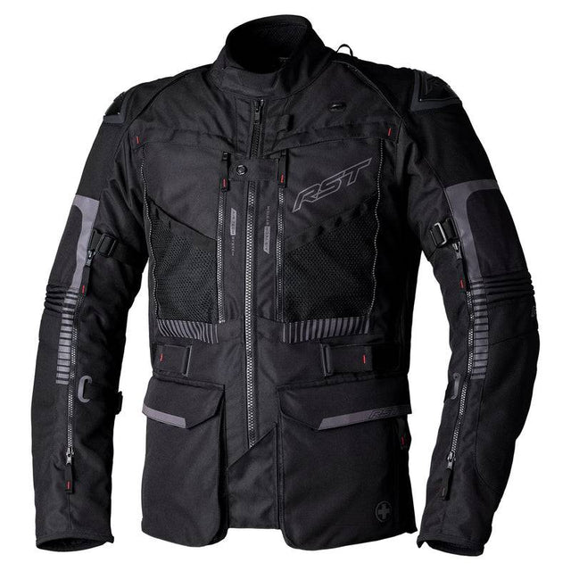Schwarze RST Pro Series Ranger CE Textil-Motorradjacke für Herren, Adventure-Jacke mit Schutzprotektoren, sichtbarer Reißverschluss.