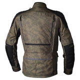 Graue RST Pro Series Ranger CE Textil-Motorradjacke für Herren, grün, mit Schutzpolsterung, Adventure-Stil, auf einem Motorrad.