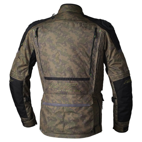 Graue RST Pro Series Ranger CE Textil-Motorradjacke für Herren, grün, mit Schutzpolsterung, Adventure-Stil, auf einem Motorrad.