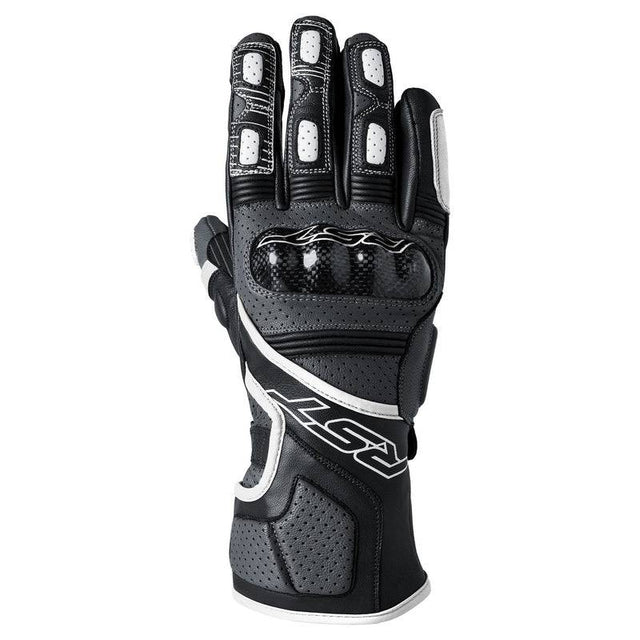 Weißer RST Fulcrum Motorradhandschuh für Herren, CE-zertifiziert, mit Schutzpolsterung und strapazierfähigem Material.