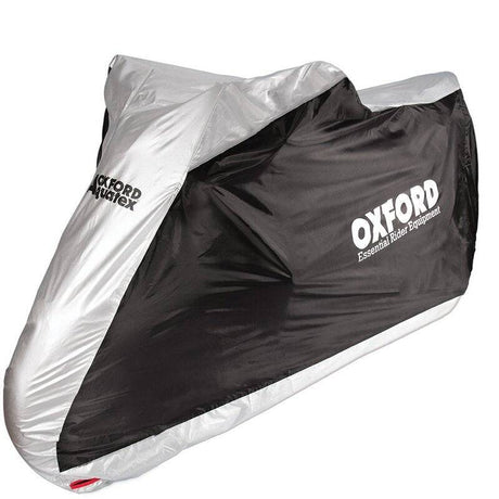 Oxford Abdeckplane für Motorrad und Scooter, wasserabweisend in Schwarz und Silber, schützt vor Witterung im Innen- und Außenbereich