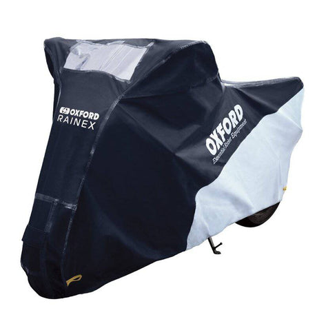 Schwarze und silberne OXFORD Outdoor Abdeckplane Rainex für Motorrad und Scooter, wetterfeste Schutzabdeckung