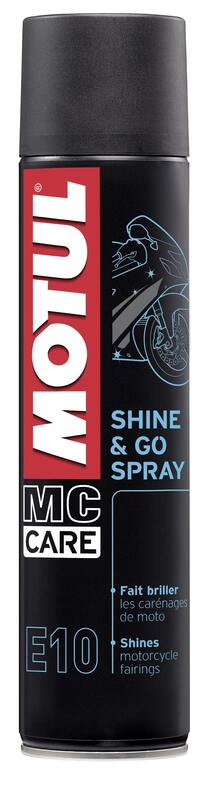 MOTUL MC Care E10 Shine & Go Spray 400ml, Pflegeprodukt für Motorräder, zeigt die Flasche mit sprühfähigem Reiniger und Glanzmittel