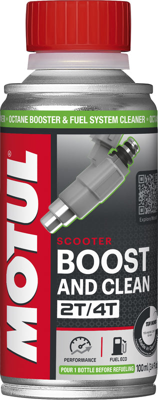 Motul Boost and Clean Scooter Kraftstoffsystemreiniger in 100ml Flasche, wirkt gegen Ablagerungen und verbessert die Motorleistung.