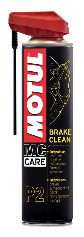 Motul MC Care P2 Bremsenreiniger Spray in 400ml, umweltfreundlich und effektiv zur Reinigung von Bremsen und Fahrzeugteilen.