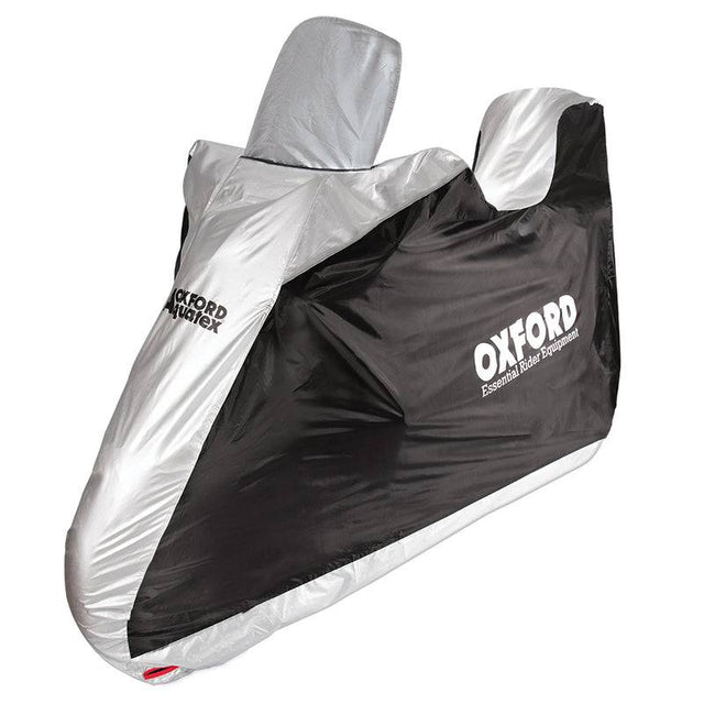 Schwarze und silberne Oxford Abdeckplane für Scooter mit Topcase und Windscreen, wetterfest für Indoor und Outdoor Einsatz