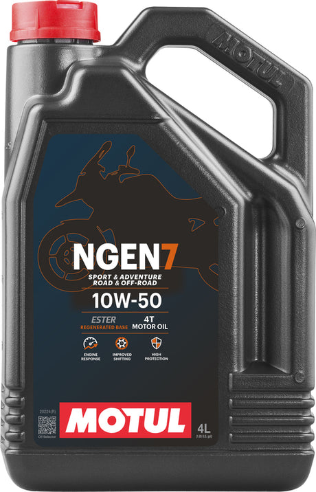 MOTUL NGEN 7 Motoröl 10W-50 für 4-Takt-Motoren, klare Flasche mit gelbem Öl, hochwertige Schmierstoffqualität