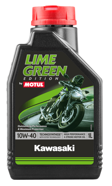 MOTUL Kawasaki Lime Green 4T Motoröl 10W40, 4L Flasche, geeignet für 4-Takt Motorräder, grünliches Design, klare Flasche