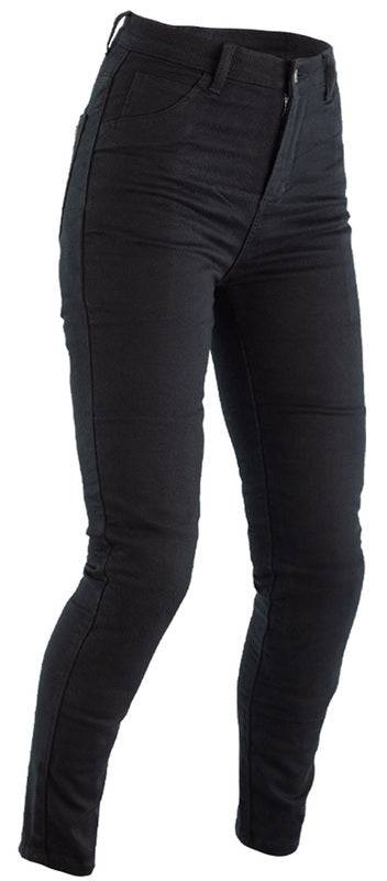 Schwarze RST verstärkte Damen-Motorradjeans aus Textil, enganliegende Hosen-Jeans mit Schutzverstärkungen.