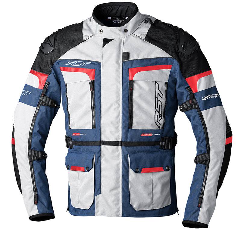 RST Pro Series Adventure-X Damenjacke in Silber, Blau und Rot, wetterfeste Textiljacke für Abenteuer und Outdoor-Aktivitäten