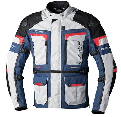RST Pro Series Adventure-X Damenjacke in Silber, Blau und Rot, wetterfeste Textiljacke für Abenteuer und Outdoor-Aktivitäten