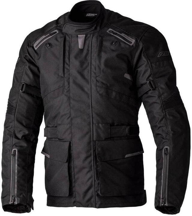 Schwarze RST Endurance CE Textil-Motorradjacke für Herren, Adventure-Jacke mit robustem Design und Schutzriemen.