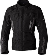 Schwarze RST Alpha 5 CE Textil-Motorradjacke mit Touring-Design, sichtbare Reißverschlüsse und Protektoren, frontal fotografiert.