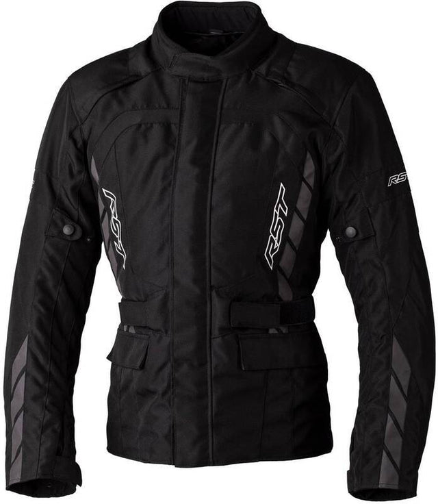 Schwarze RST Alpha 5 CE Textil-Motorradjacke mit Touring-Design, sichtbare Reißverschlüsse und Protektoren, frontal fotografiert.
