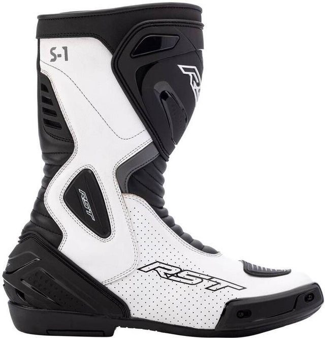 Weiße RST S1 Motorradstiefel für Touren, strapazierfähiges Leder mit Schnallenverschluss, geeignet für Motorradfahrer.