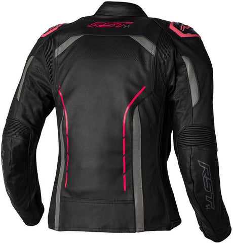 Schwarze RST Damen S1 CE Lederjacke mit Neon Rosa Akzenten, touring Jacken-Design, aus glattem Leder gefertigt