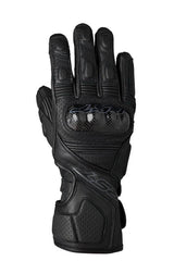 Schwarze RST Fulcrum Motorradhandschuhe für Herren, CE-zertifiziert, mit Schutz und bequemem Sitz, auf einem Motorrad-Handschuhbild.