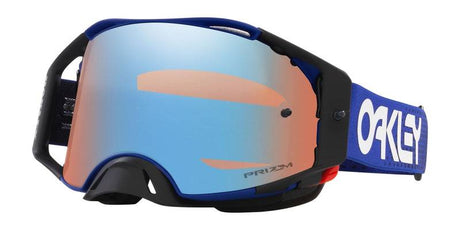 OAKLEY Airbrake MX-Brille mit blauer Rahmen, Prizm MX Sapphire Glas, für Motocross, zeigt die Brille mit blauer Farbgebung.
