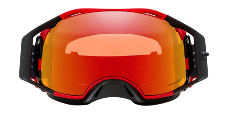 OAKLEY Airbrake MX-Brille mit roten Rahmen und Prizm MX Torch Glas, ideal für Motocross, sichtbar auf der Brille.