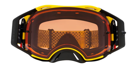 OAKLEY Airbrake MX-Brille mit gelbem Rahmen, Prizm MX Bronze Gläser, für Motocross, zeigt die Brille in Nahaufnahme