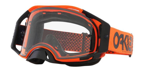 OAKLEY Airbrake MX Brille in Orange mit klaren Glas, für Motocross, zeigt Brille mit orangeem Rahmen und transparentem Glas.