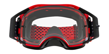 OAKLEY Airbrake MX-Brille mit roten Rahmen und klarem Glas, ideal für Motocross, zeigt Schutzbrille mit verstellbarem Riemen