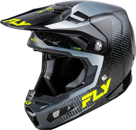 Motocrosshelm FLY RACING Formula S Carbon Protocol in Schwarz mit Carbongrau-Vis, leichter Helm mit robustem Design.