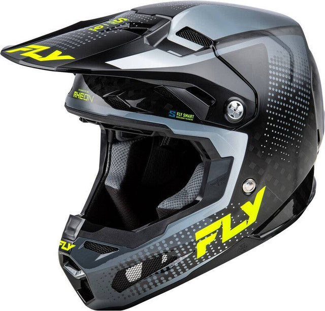 Motocrosshelm FLY RACING Formula S Carbon Protocol in Schwarz mit Carbongrau-Vis, leichter Helm mit robustem Design.