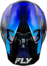 Motocrosshelm FLY RACING Formula S Carbon Protocol in Schwarz mit blauen Carbondetails, leichter Helm mit Visier und Belüftung.
