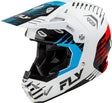 Motocrosshelm FLY RACING Formula Cp Slice in Weißrotcyan mit verstellbarer Visier und Belüftungsöffnungen.