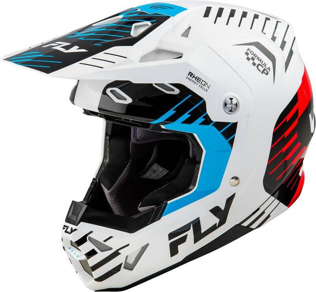 Motocrosshelm FLY RACING Formula Cp Slice in Weißrotcyan mit verstellbarer Visier und Belüftungsöffnungen.