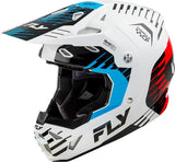 Motocrosshelm FLY RACING Formula Cp Slice in Weißrotcyan mit Visier und Belüftungsöffnungen, leichter Rennhelm für Offroad.