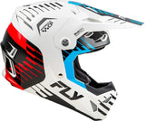 Fly Racing Formula Cp Slice Motocrosshelm in Weiß-Rot-Cyan, leichter Helm mit Visier und Belüftung für Motocrossfahrer.