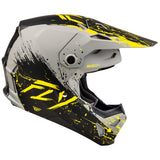 Motocrosshelm FLY RACING Formula Cp Manic in mattschwarz-gelb, mit Visier und Belüftungsöffnungen, für sicheren Schutz beim Offroad-Fahren.