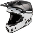 Motocrosshelm von FLY RACING, Formel CC Objective in Schwarz und Weiß, mit Belüftungsöffnungen und sicherem Kinnriemen.