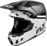 Motocrosshelm von FLY RACING, Formel CC Objective in Schwarz und Weiß, mit Belüftungsöffnungen und sicherem Kinnriemen.