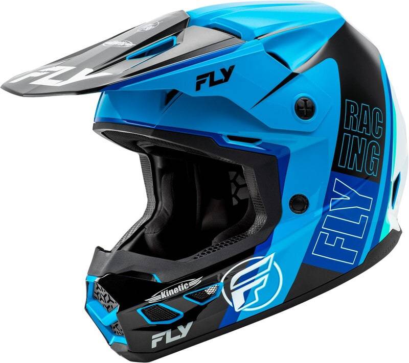 Motorradhelm von FLY RACING Kinetic Rally in Blau-Schwarz-Weiß, bequeme Passform und robustes Design für Motocross.