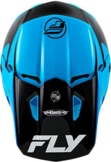 Fly Racing Kinetic Rally Motocrosshelm in Blau-Schwarz-Weiß mit belüftetem Design und sicherem Visier.