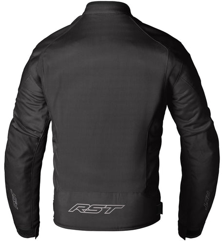 Schwarze RST Spectre Air CE Textil-Motorradjacke, touring, mit Belüftung und Schutz, auf einem Motorrad getragen.