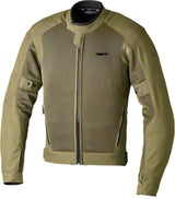 Graue RST Spectre Air CE Textil-Motorradjacke für Touren, atmungsaktiv mit grünen Akzenten, auf einem Motorrad.