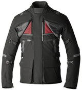 Schwarze RST Pro Series Vulcan CE Textil-Motorradjacke für Adventure, wetterfest und strapazierfähig, auf einem Motorrad.