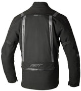 Schwarze RST Pro Series Vulcan CE Textil-Motorradjacke für Adventure, atmungsaktiv und strapazierfähig, auf einem schwarzen Hintergrund.