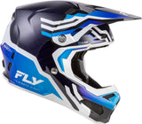 Motocrosshelm Fly Racing Formula S Carbon Byte in Blau und Carbonweiß, leichter Helm mit Belüftung und visier.