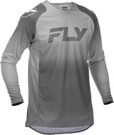 Fly Racing Evolution Dst MX-Jersey in Weiß und Grau, atmungsaktives Motocross-Shirt mit Logo-Prints, auf hellem Hintergrund.