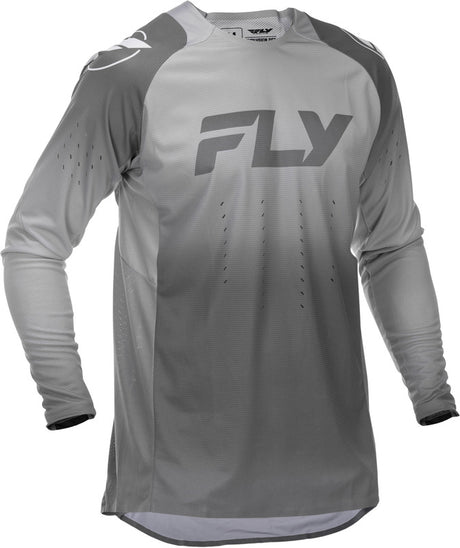 Fly Racing Evolution Dst MX-Jersey in Weiß und Grau, atmungsaktives Motocross-Shirt mit Logo-Prints, auf hellem Hintergrund.